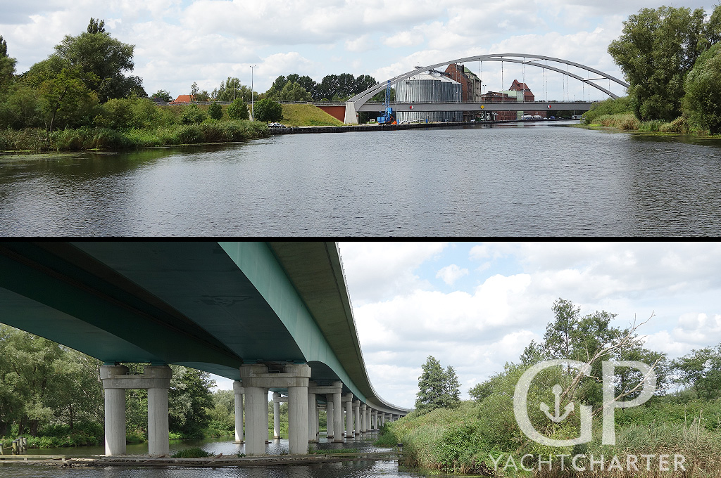 An Gützkow vorbei erreicht man nach wenigen Kilometern die Autobahnbrücke vor Jarmen.Links vor der Straßenbrücke kann man anlegen, wenn man Jarmen einen Besuch abstatten oder auch nur im ca. 400m entfernten Supermarkt einkaufen will.
