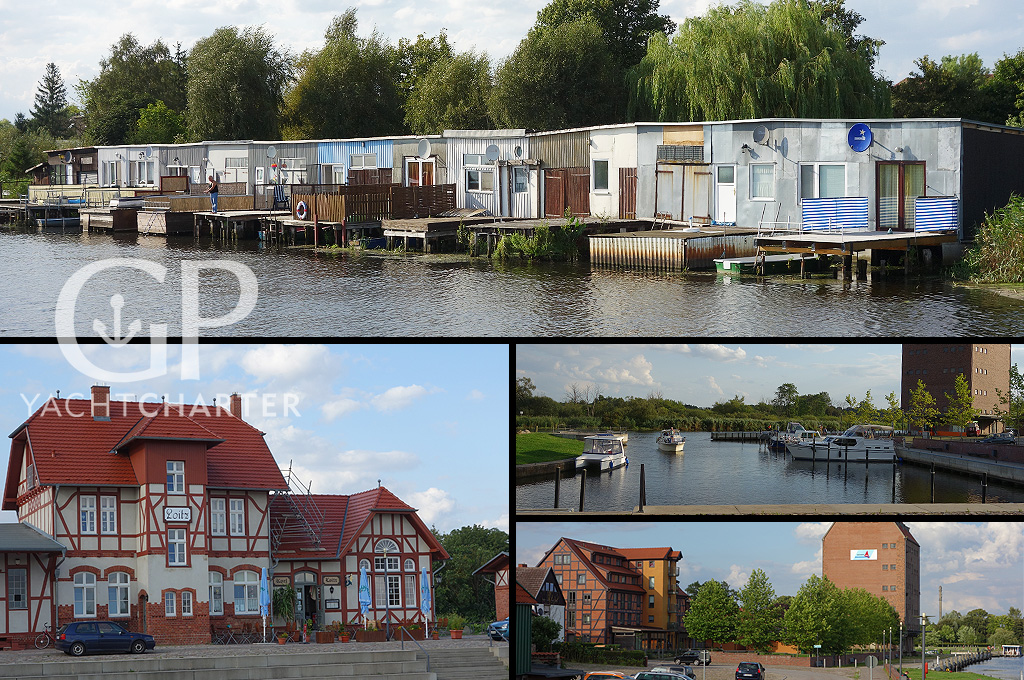 Auf der rechten Uferseite künden Wellblechbootsschuppen, die so gar nicht dem Flair des 750 Jahre alten Städtchens entsprechen, von der Nähe der Stadt Loitz. Loitz besitzt einen kleinen gut ausgebauten Yachthafen mit Stromanschlüssen, Wasseranschluss und Sanitärhäuschen (Dusche/WC). <br />Direkt am Hafen wurde der restaurierte Alte Bahnhof zu einem Restaurant umgebaut und bietet eine schmackhafte Auswahl an Speisen und Getränken. Im Alten Speicher, ebenfalls am Hafen, befindet sich ein kleiner Imbiss und ein Infozentrum. Im Ort, nicht weit vom Hafen, ist auch ein Supermarkt mit Bäcker.